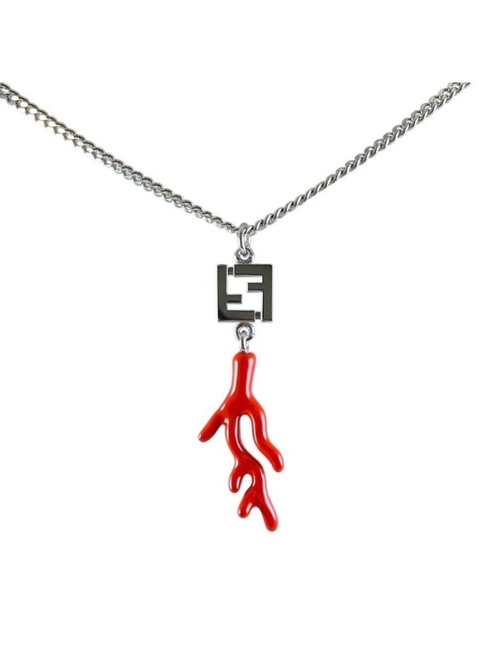 Fendi Pendant FF Logo Coral Motif Metal Silver Red